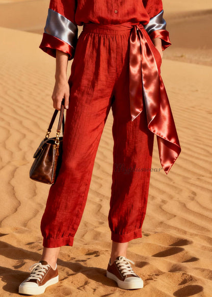 Art Red Peter Pan Collar Patchwork Linen Silk Two Piece Set Outfits Summer