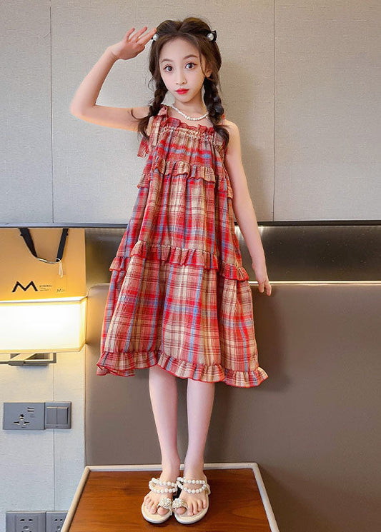 Art Red Plaid Ruffled Bow Patchwork Cotton Kids Dresses Summer