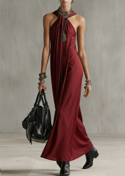 Art Red Wrinkled Cold Shoulder Long Dresses Summer