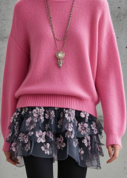Art Rose O-neck Thick Knit Shirts Fall