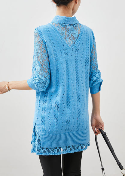 Art Sky Blue Lace Up Knit Vest Dress Two Piece Set Clothing Spring