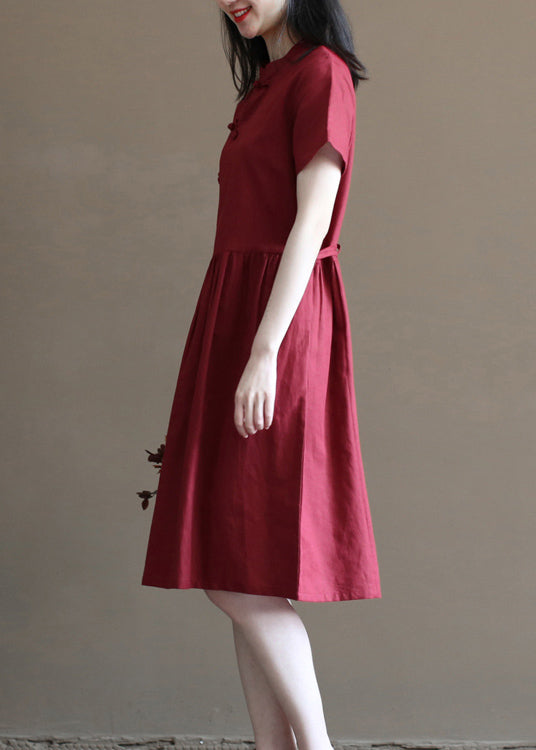 Art Mulberry Stand Collar Cinched Pockets Linen Mid Dress Short Sleeve