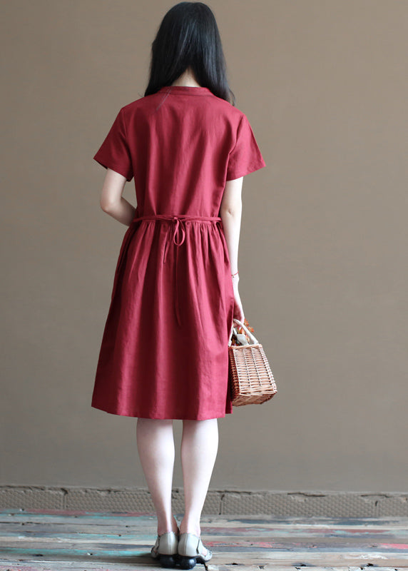 Art Mulberry Stand Collar Cinched Pockets Linen Mid Dress Short Sleeve
