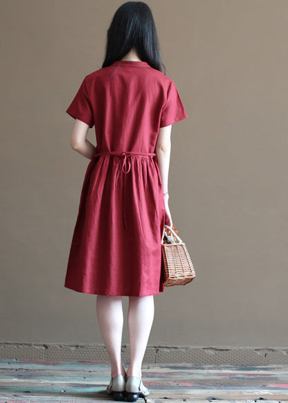 Art Mulberry Stand Collar Cinched Pockets Linen Mid Dress Short Sleeve