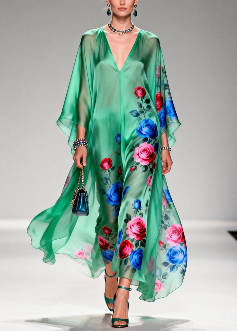 Art Tea Green Oversized Print Chiffon Long Dresses Summer