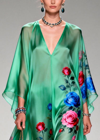 Art Tea Green Oversized Print Chiffon Long Dresses Summer