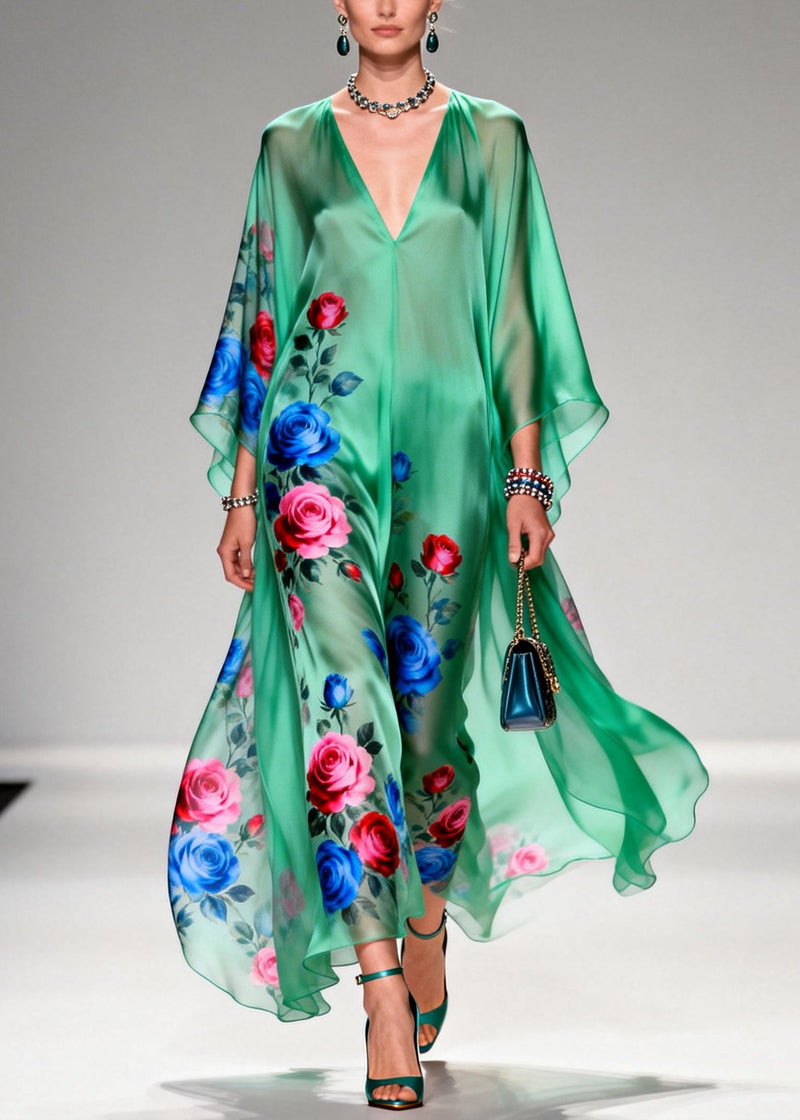 Art Tea Green Oversized Print Chiffon Long Dresses Summer
