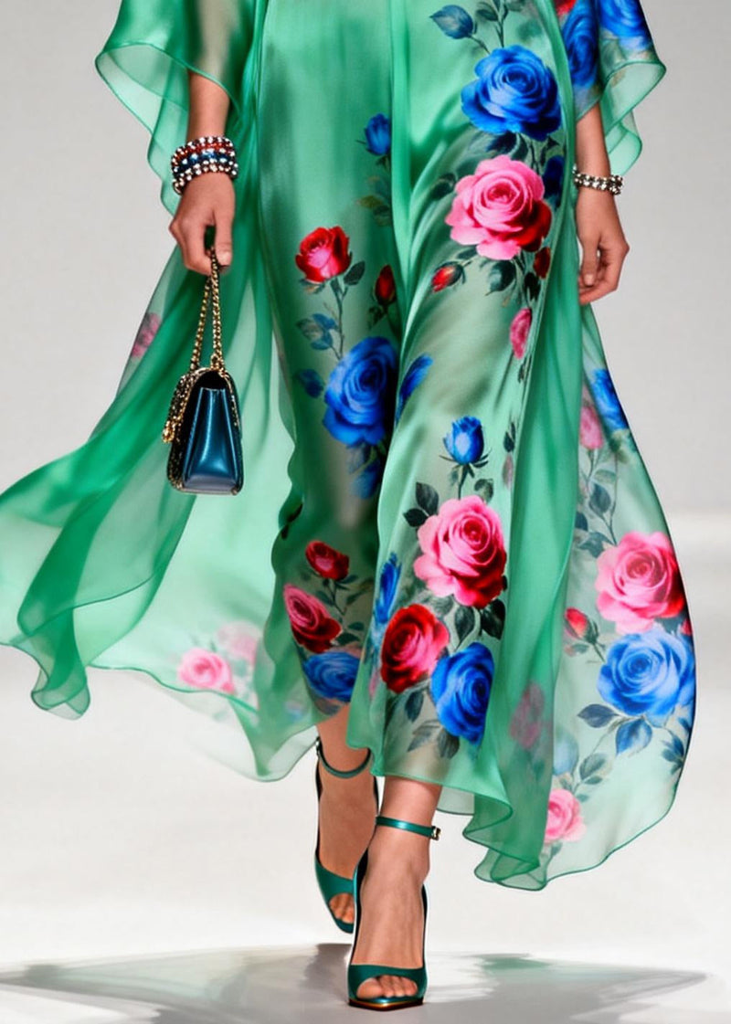 Art Tea Green Oversized Print Chiffon Long Dresses Summer