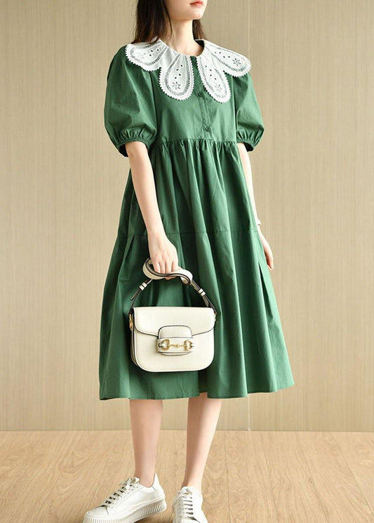Art Tea Green Lantern Sleeve Button Summer Cotton Vacation Dresses