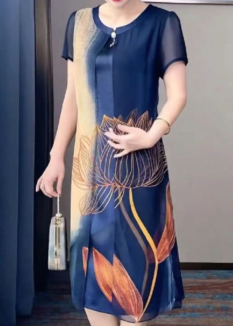 Art Tibetan Blue O-neck Tulle Patchwork Silk Long Dresses Short Sleeve