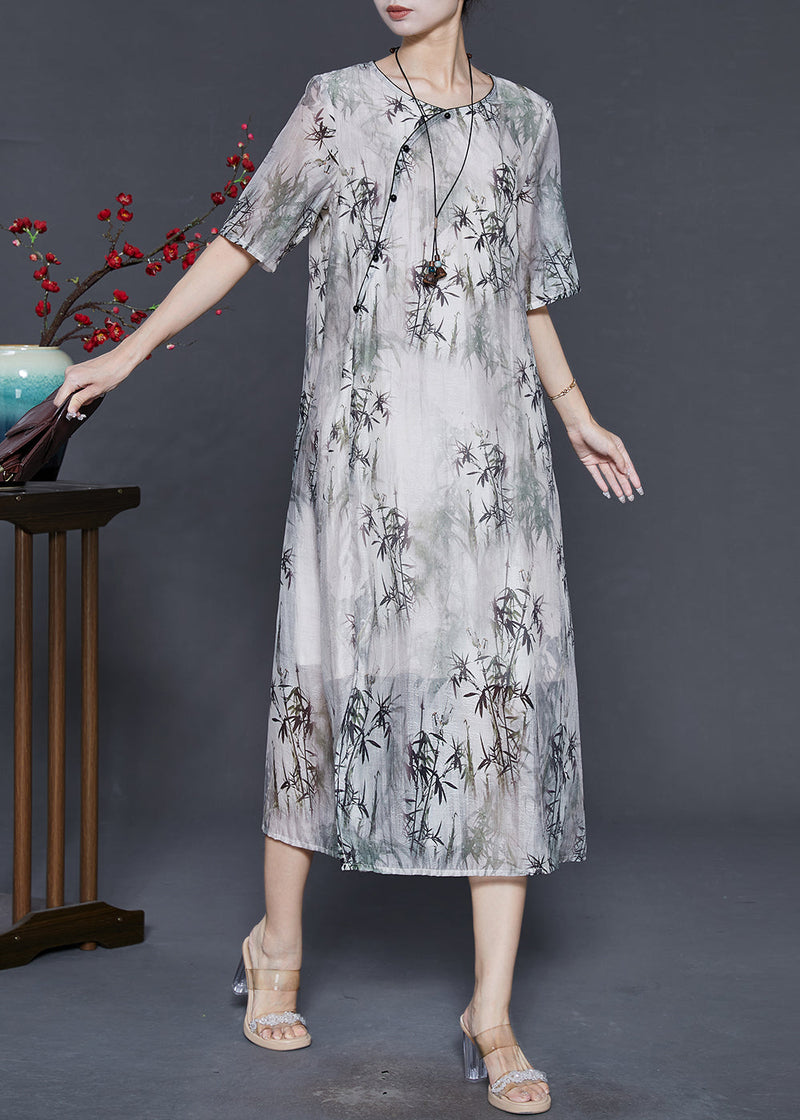 Art White Bamboo Leaf Print Silk Oriental Dress Summer