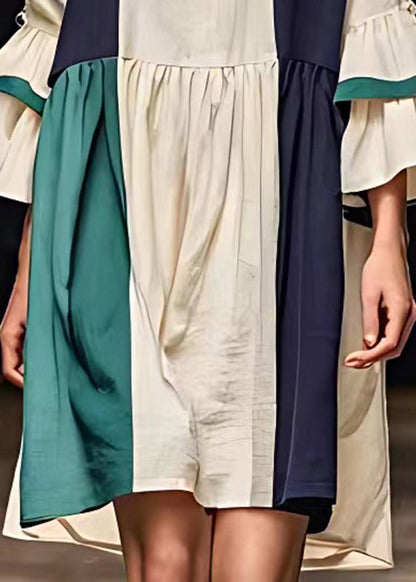 Art White O-neck Patchwork Linen Dress Flare Sleeve