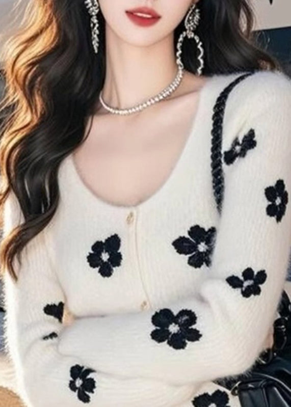 Art White O-neck Print Cotton Knit Cardigan Spring