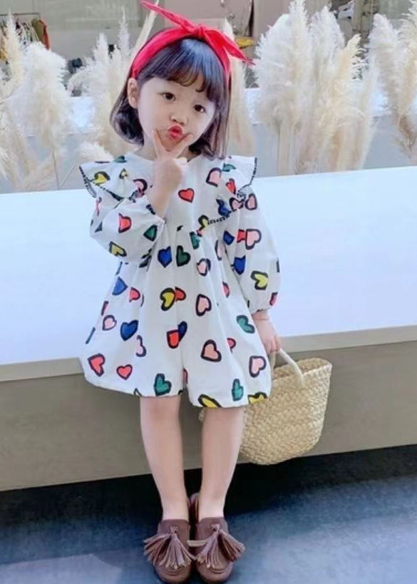 Art White O-neck Print Mid Dress Long Sleeve