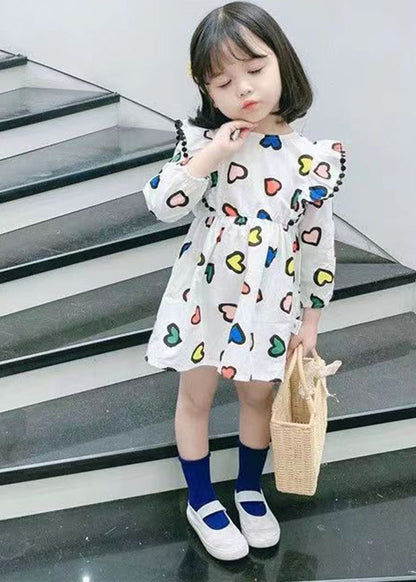 Art White O-neck Print Mid Dress Long Sleeve
