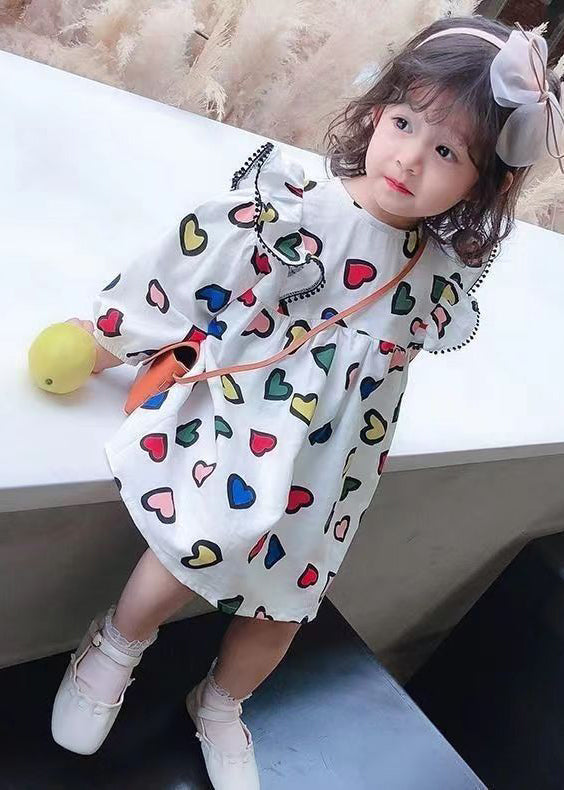 Art White O-neck Print Mid Dress Long Sleeve