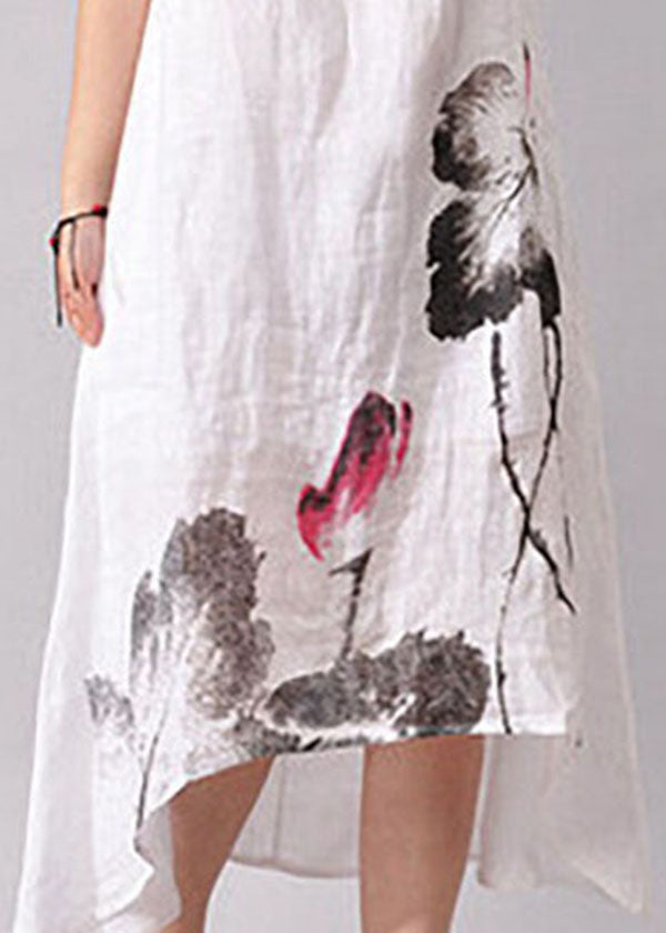 Art White O-neck Print Low High Design Cotton Dress Summer