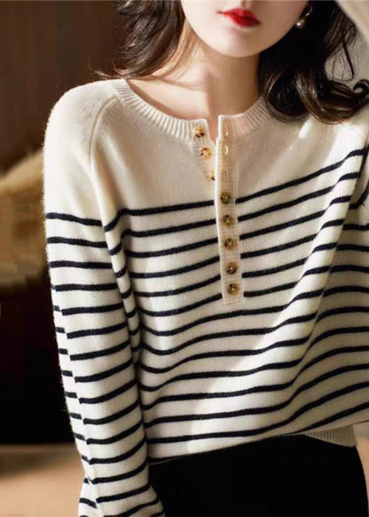 Art White Striped Button Woolen Sweaters Spring