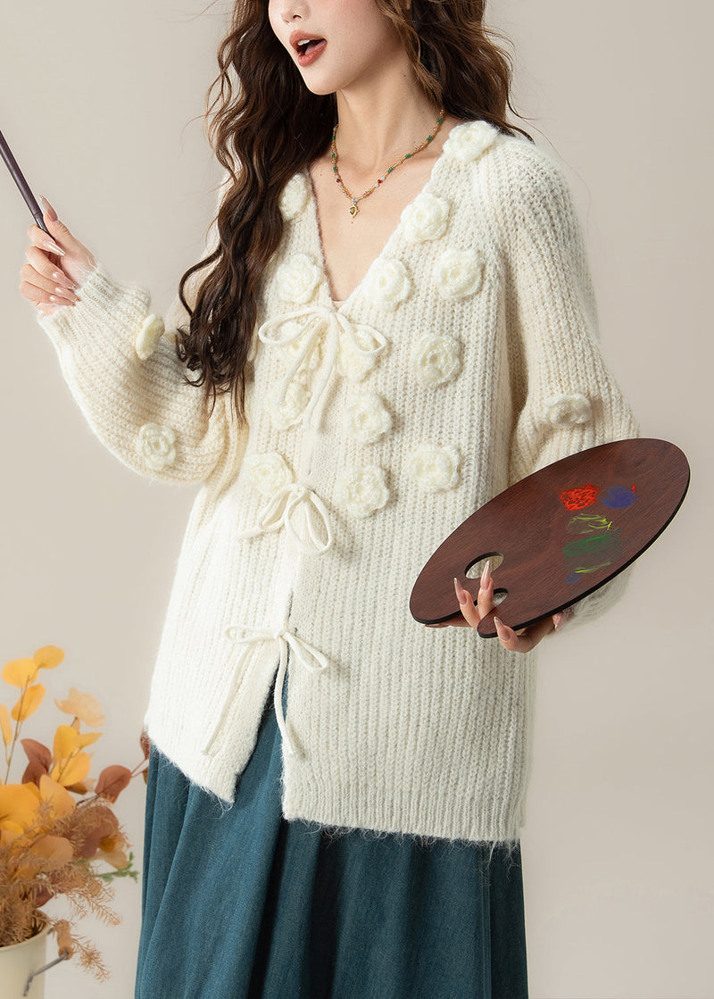 Art White V Neck Cozy Knit Cardigans Spring
