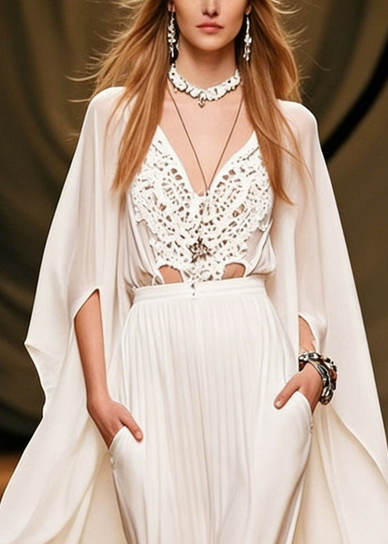 Art White V Neck Hollow Out Pockets Chiffon Two Piece Set Batwing Sleeve