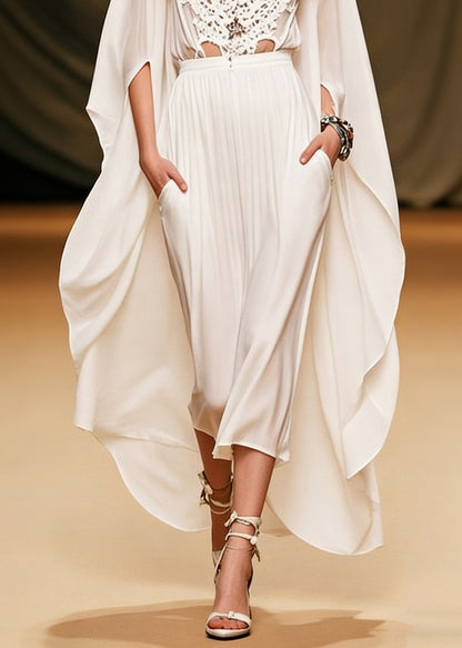 Art White V Neck Hollow Out Pockets Chiffon Two Piece Set Batwing Sleeve