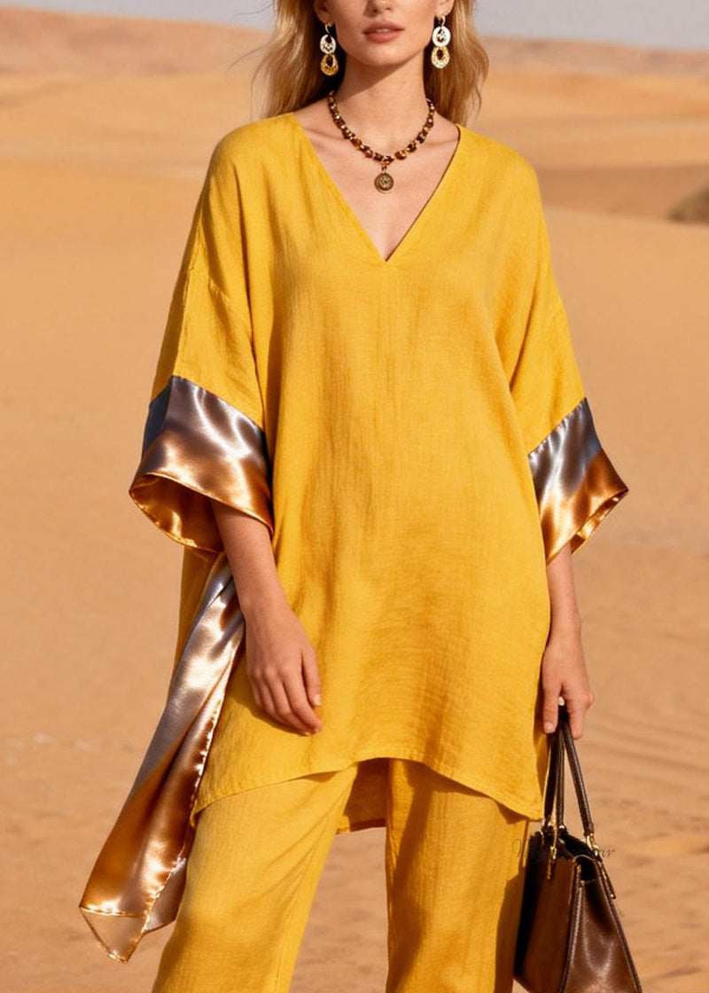 Art Yellow Asymmetrical Silk Patchwork Linen Two Pieces Set Bracelet Sleeve