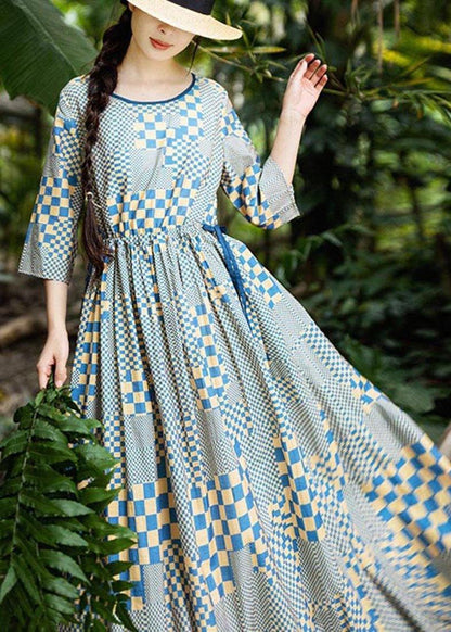 Art Yellow Blue Plaid Tie Waist Dress Summer Linen Dress