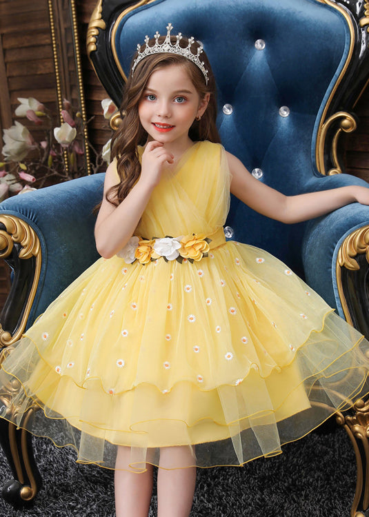 Art Yellow Embroideried Daisy Tulle Baby Party Dress Summer