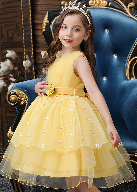 Art Yellow Embroideried Daisy Tulle Baby Party Dress Summer