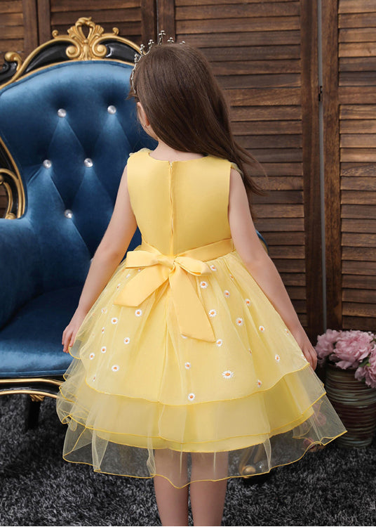 Art Yellow Embroideried Daisy Tulle Baby Party Dress Summer