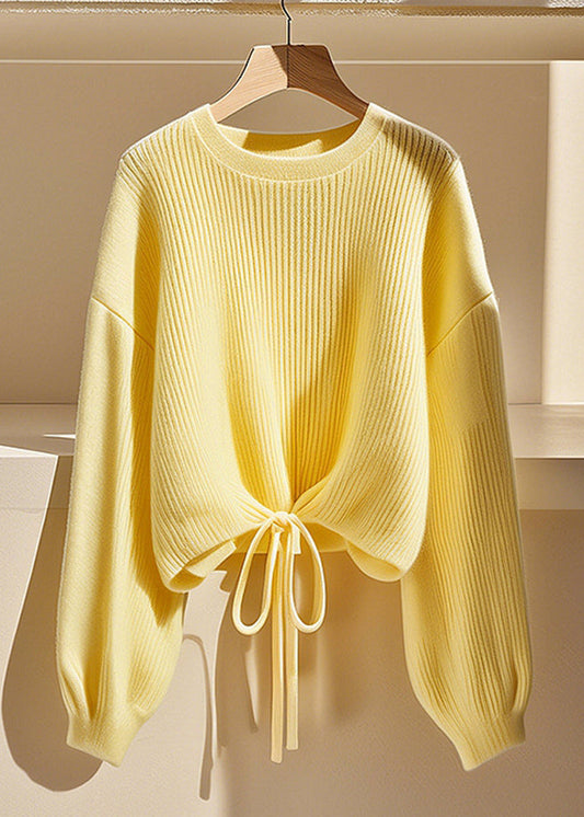 Art Yellow O Neck Lace Up Knit Sweater Fall