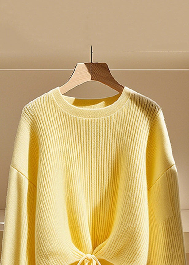 Art Yellow O Neck Lace Up Knit Sweater Fall
