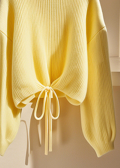 Art Yellow O Neck Lace Up Knit Sweater Fall