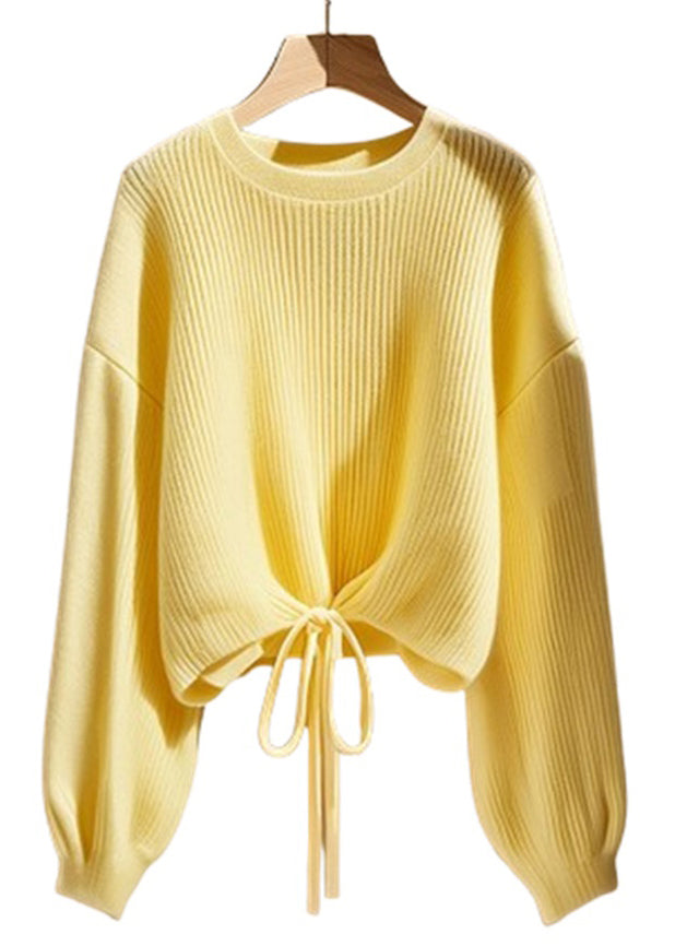 Art Yellow O Neck Lace Up Knit Sweater Fall