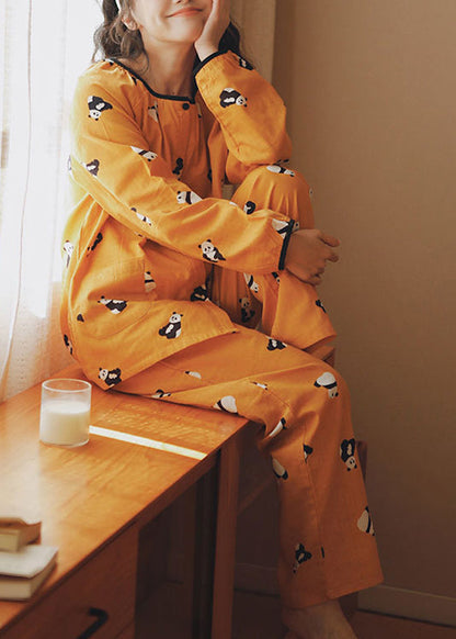 Art Yellow O-neck Animal Print Pockets Cotton Two Pieces Set Long Sleeve