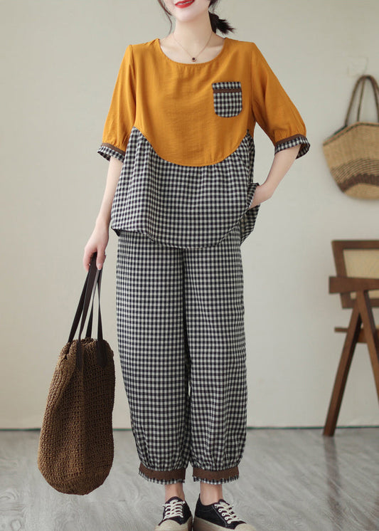 Art Yellow Oversized Patchwork Plaid Cotton Two Piece Set Clothing Summer