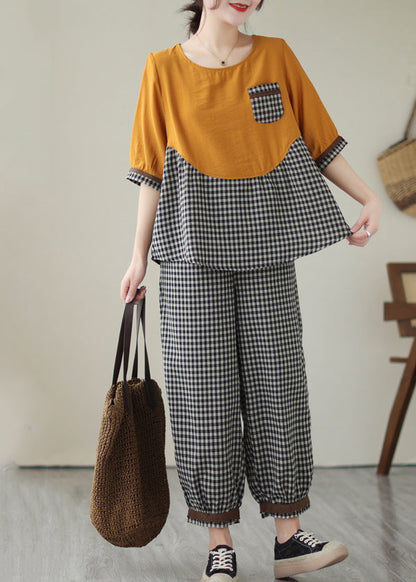 Art Yellow Oversized Patchwork Plaid Cotton Two Piece Set Clothing Summer