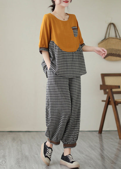 Art Yellow Oversized Patchwork Plaid Cotton Two Piece Set Clothing Summer