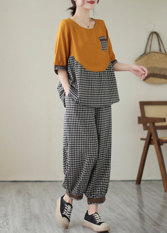 Art Yellow Oversized Patchwork Plaid Cotton Two Piece Set Clothing Summer