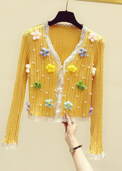 Art Yellow V Neck Lace Patchwork Nail Bead Knit Sweater Fall