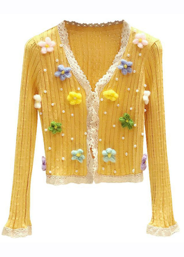 Art Yellow V Neck Lace Patchwork Nail Bead Knit Sweater Fall