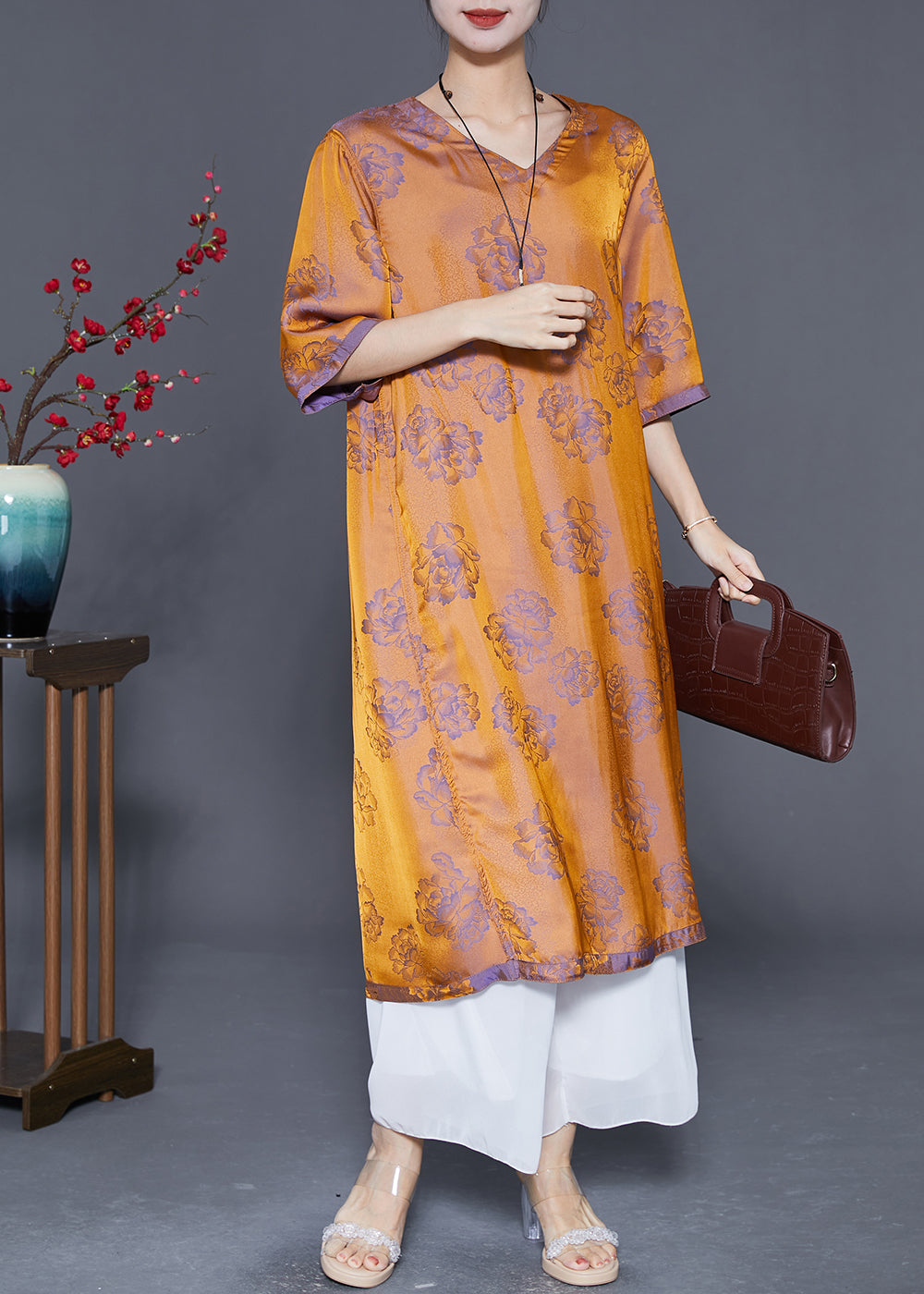 Art Yellow V Neck Print Wear on Both Sides Silk Dresses Summer