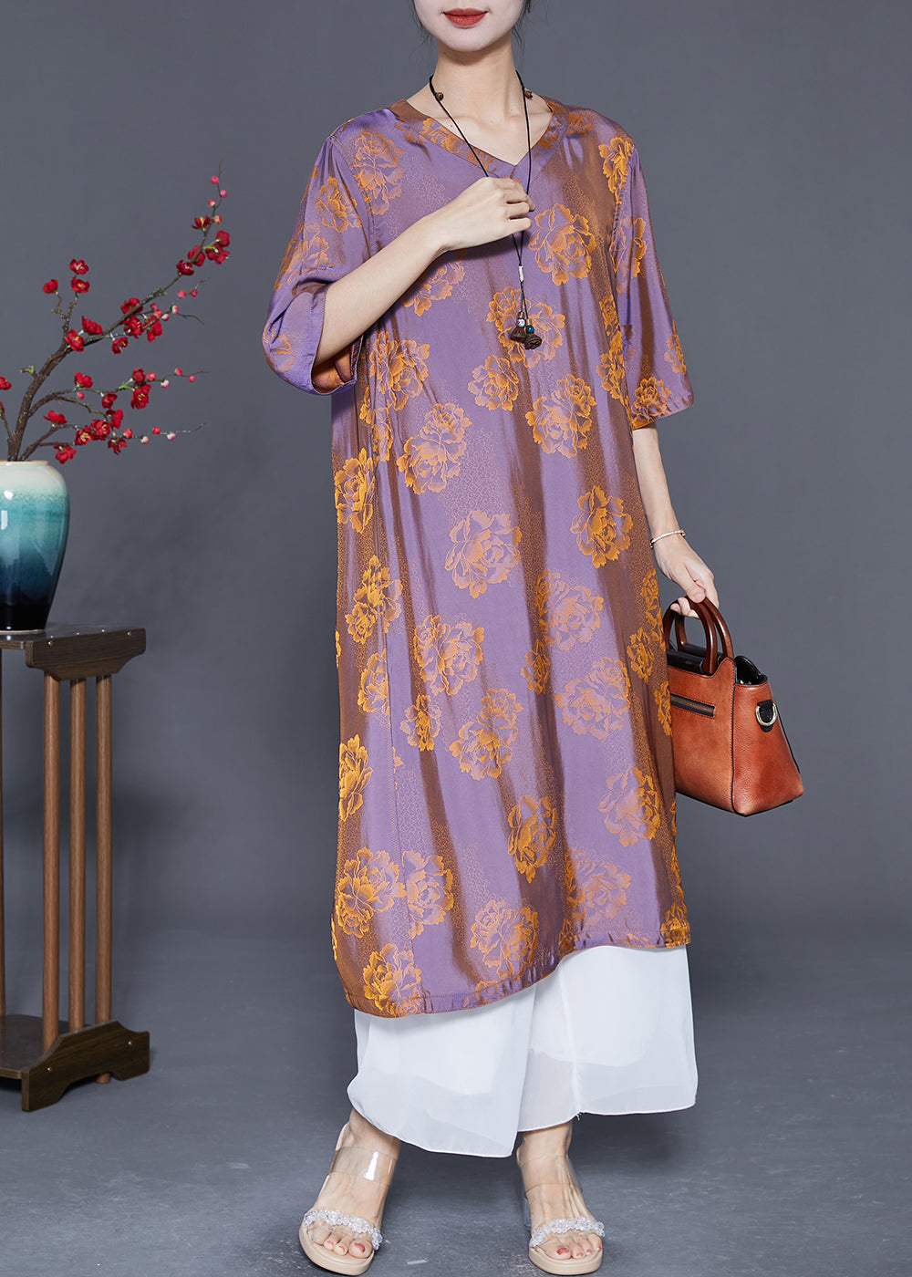 Art Yellow V Neck Print Wear on Both Sides Silk Dresses Summer