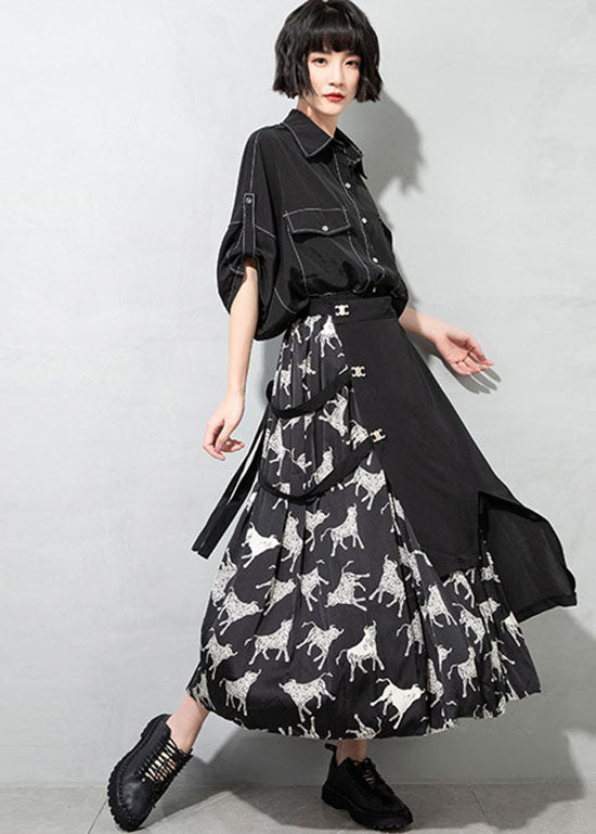 Art Black Asymmetrical Print Patchwork Skirts Spring
