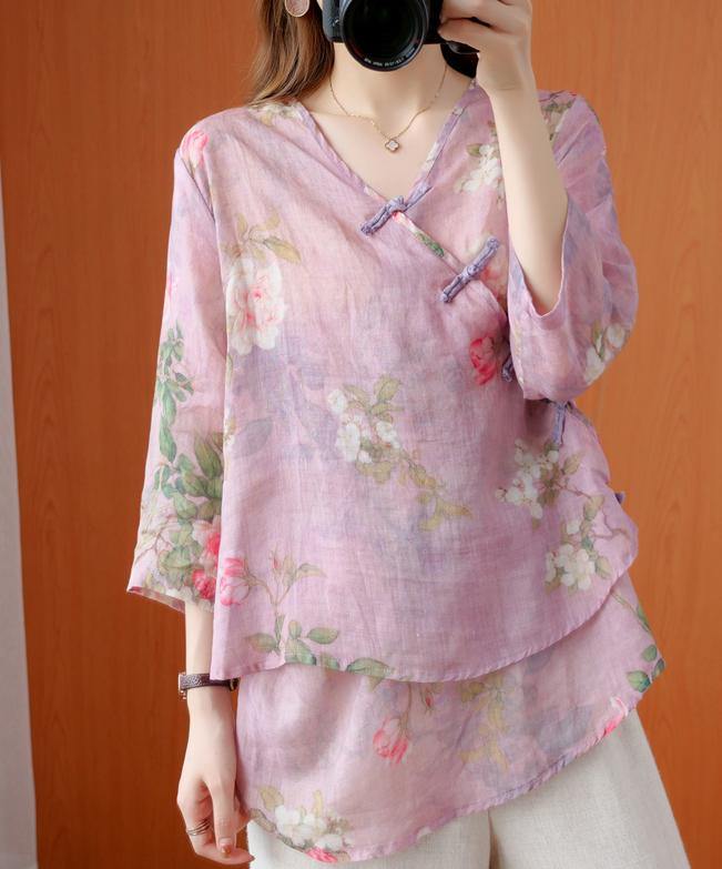Art Purple Print Shirts V Neck Asymmetric Knee Summer Shirts