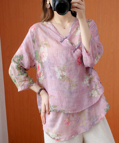 Art Purple Print Shirts V Neck Asymmetric Knee Summer Shirts