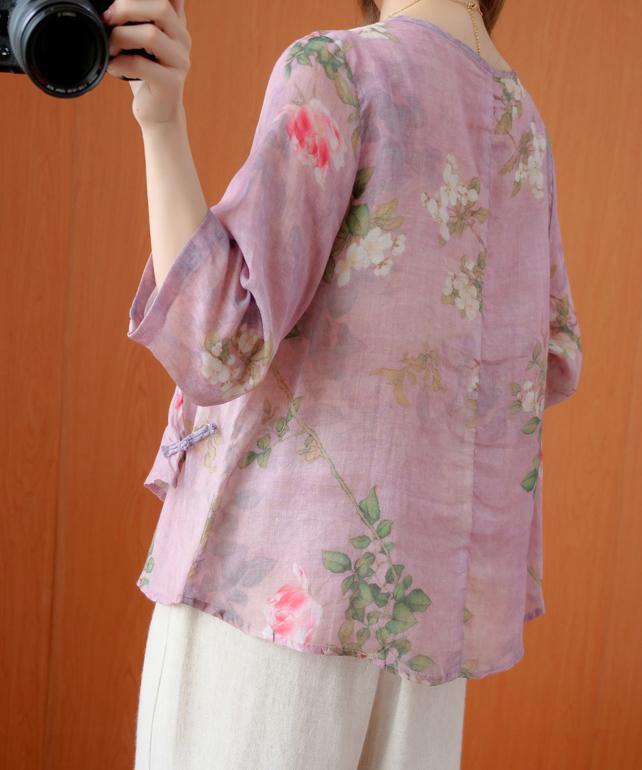 Art Purple Print Shirts V Neck Asymmetric Knee Summer Shirts