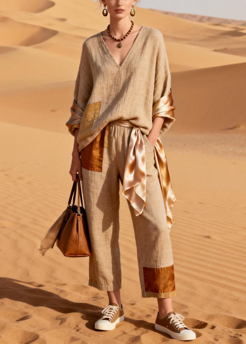 Asymmetrical Silk Patchwork T Shirt and Crop Pants Linen Two Piece Set V Neck Spring