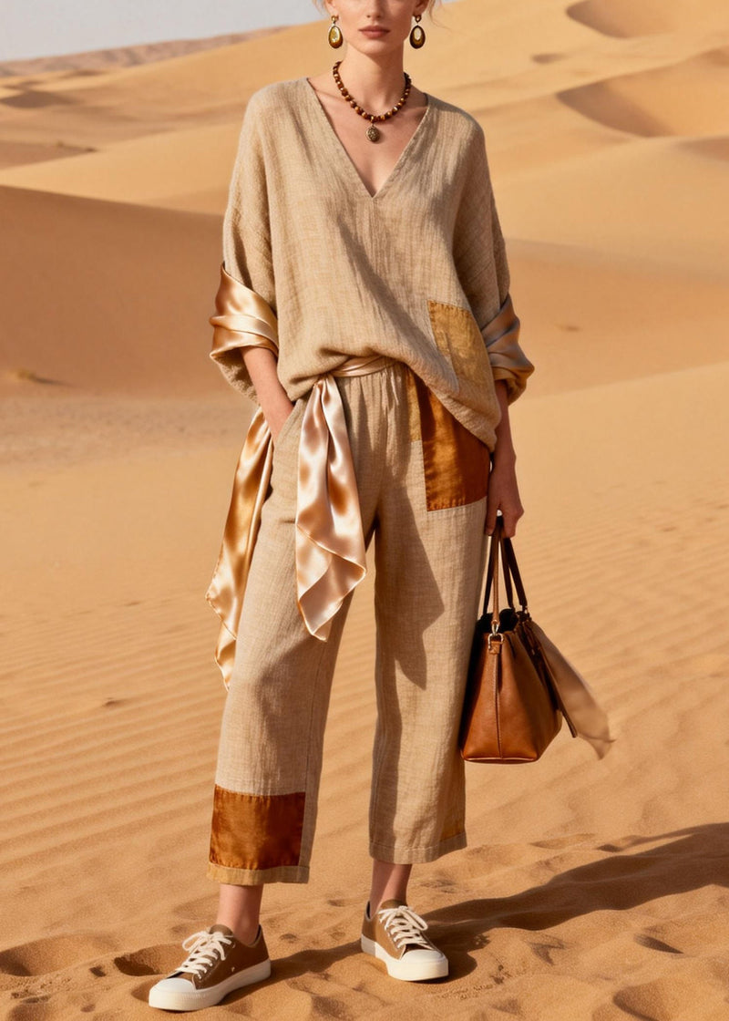 Asymmetrical Silk Patchwork T Shirt and Crop Pants Linen Two Piece Set V Neck Spring