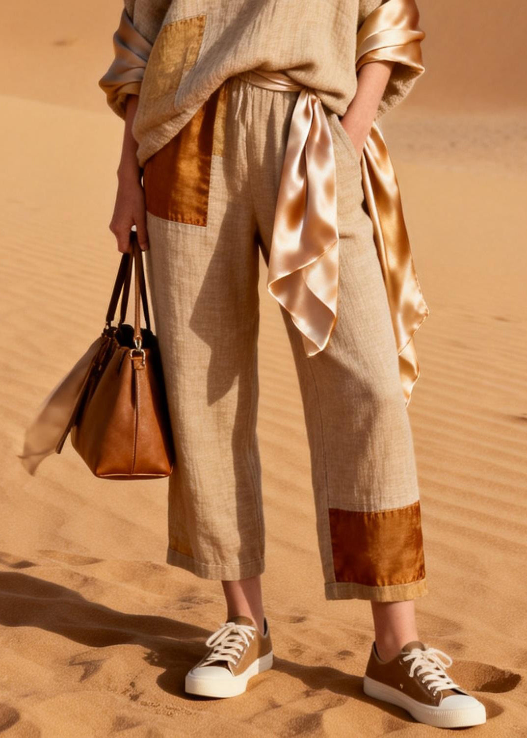 Asymmetrical Silk Patchwork T Shirt and Crop Pants Linen Two Piece Set V Neck Spring